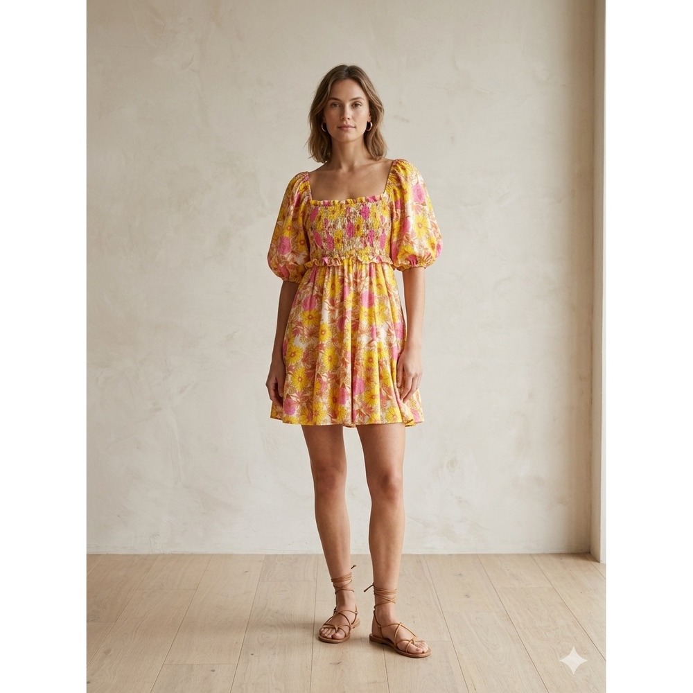 Flying Tomato Yellow Pink Floral Smocked Puff Sleeve Mini Dress ID18717 Medium - Picture 1 of 6